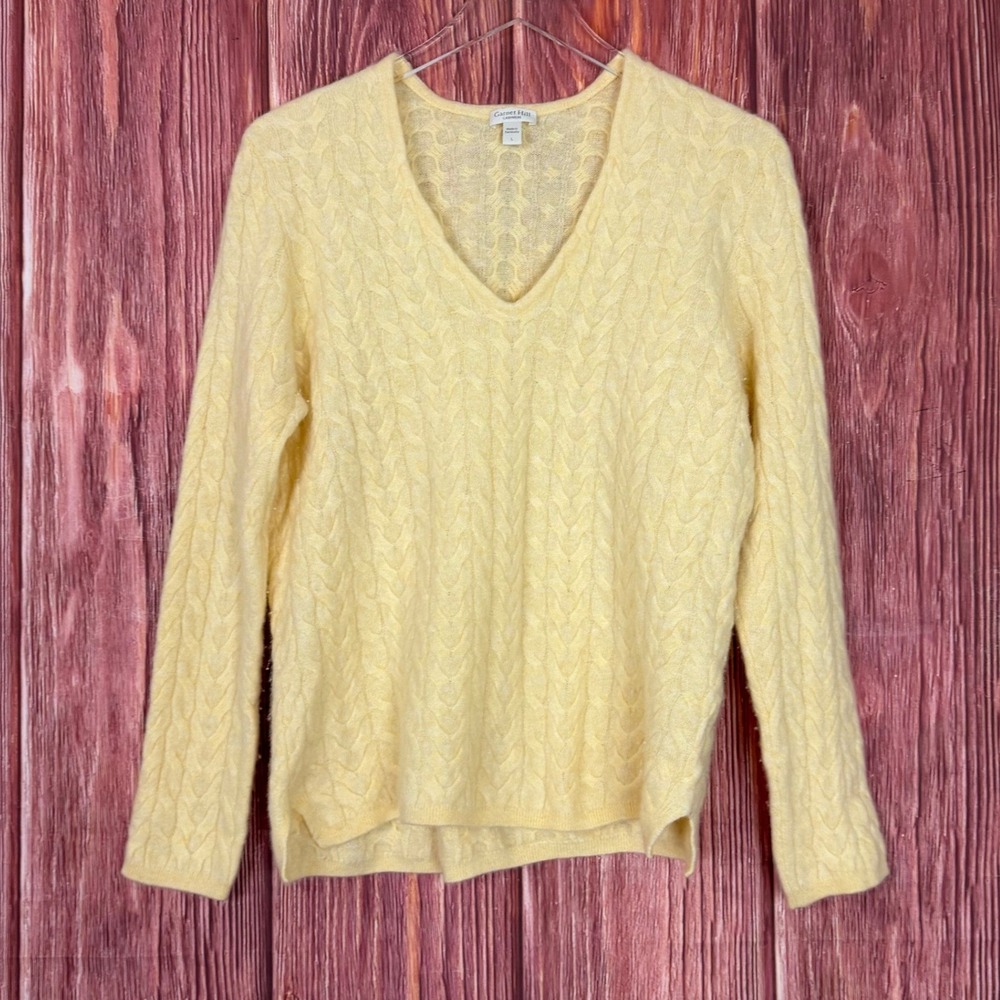 Garnet Hill Cashmere Sweater Womens Large Yellow V-Neck Cable Knit Long Sleeve